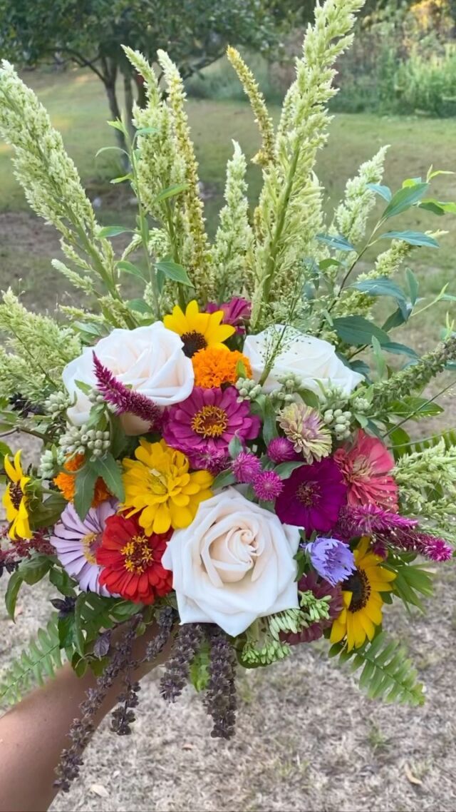 A colorful hand-held flower bouquet